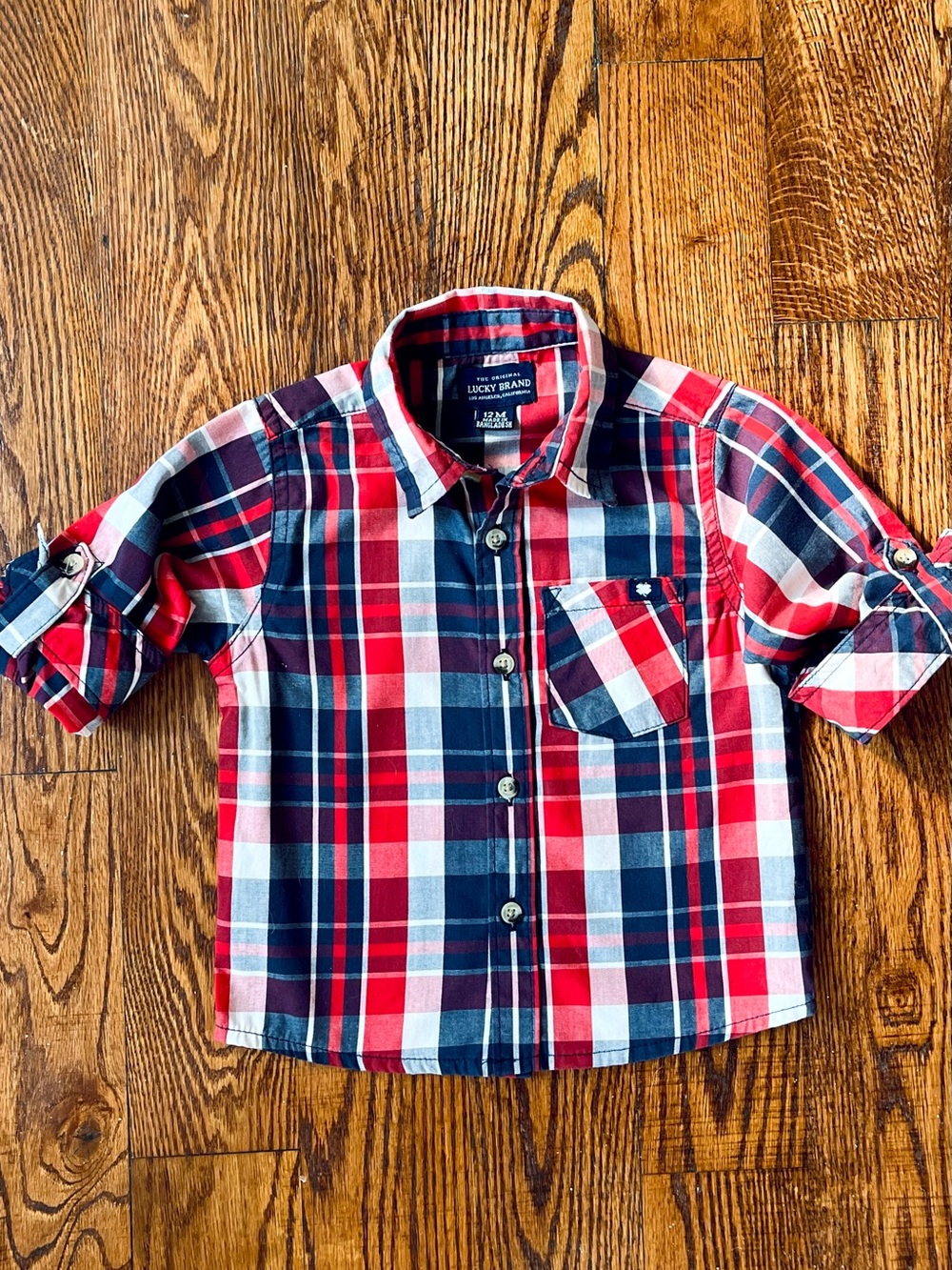 Lucky Brand Boys Baby 12 M Navy Plaid Checker Button-Down Shirt Cotton